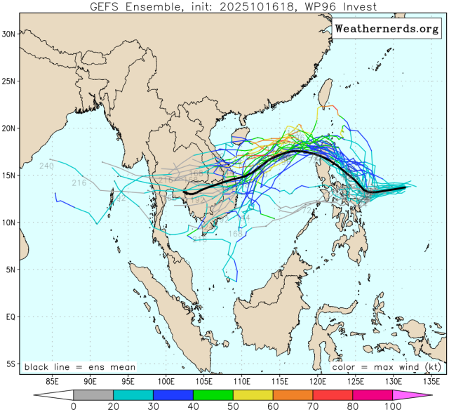 다중앙상블(GEFS) 모델 49호 열대저압부(24호 태풍 펑선 발달 전망) 예상경로
