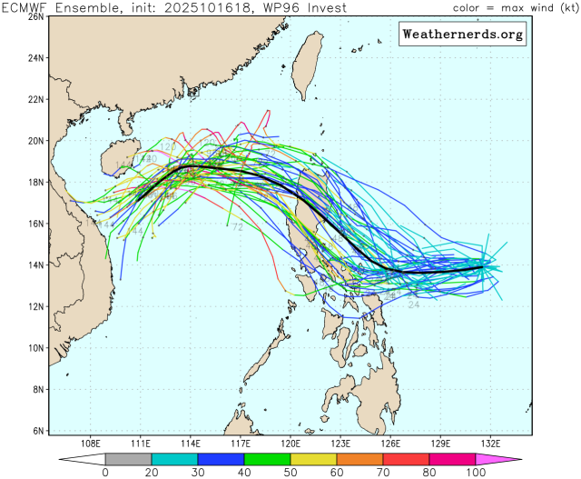 유럽중기예보센터(ECMWF) 앙상블(Ensemble) 모델 49호 열대저압부(24호 태풍 펑선 발달 전망) 예상경로