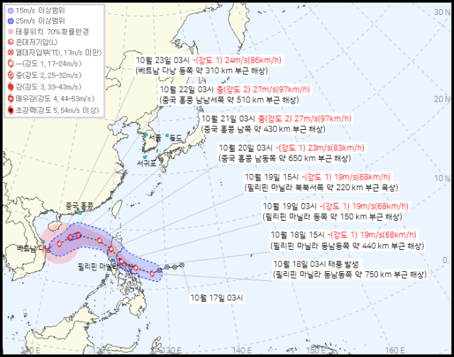 기상청 18일 오전 4시 30분 발표 24호 태풍 펑선 예상경로