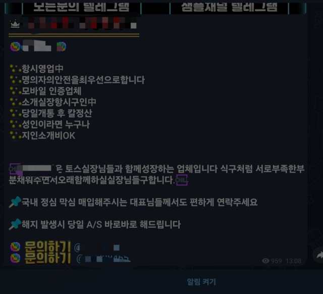 텔레그램에서 여전히 횡행하고 있는 캄보디아 출국 등 범죄 관련 유인 글. 텔레그램 캡쳐.