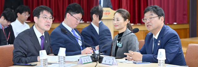 김정기 대구시장 권한대행(왼쪽)과 허소 더불어민주당 대구시당 위원장이 20일 오전 시청 동인청사에서 민주당 대구시당과 예산정책협의회를 열고 내년 8조원대 국비 확보를 위해 논의하고 있다. 대구시 제공.