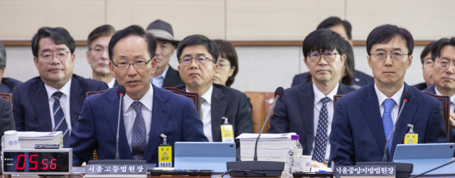 김대웅 서울고등법원장이 20일 국회 법제사법위원회에서 열린 2025년도 법사위 국정감사에 출석해 의원 질의에 답하고 있다. 연합뉴스