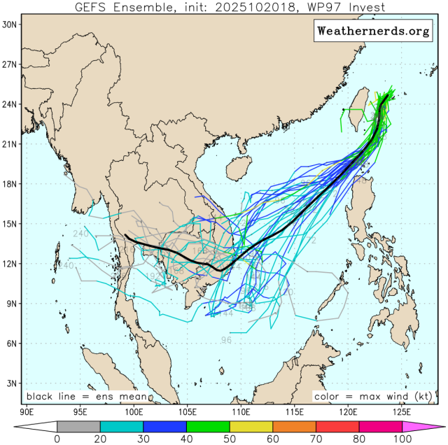 다중앙상블(GEFS) 모델 감시 97W 열대요란(25호 태풍 갈매기 발달 가능성) 예상경로
