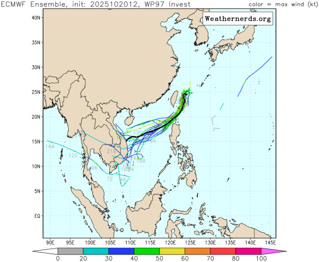 유럽중기예보센터(ECMWF) 앙상블(Ensemble) 모델 감시 97W 열대요란(25호 태풍 갈매기 발달 가능성) 예상경로