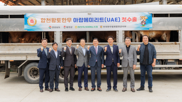 합천군(군수 김윤철·왼쪽에서 5번째)은 22일 합천 한우경매시장에서 합천황토한우의 아랍에미리트 첫 수출 출하식을 가졌다. 합천군 제공.