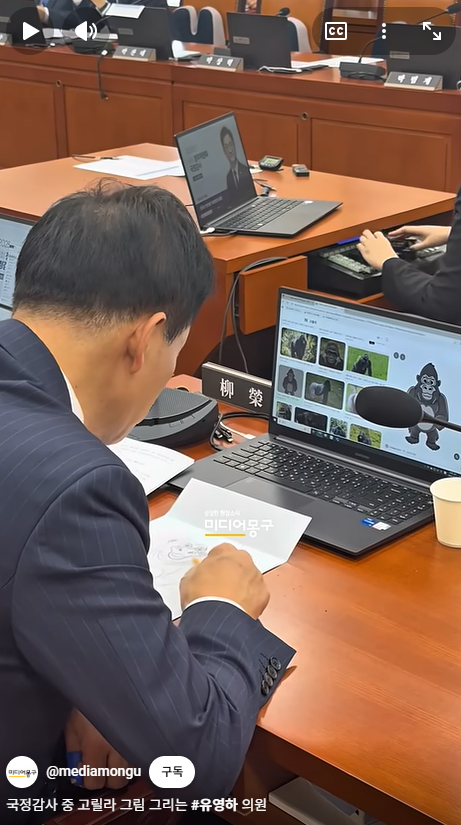 국정감사 도중 고릴라 그림을 그린 유영하 국민의힘 의원. 유튜브 미디어몽구 갈무리