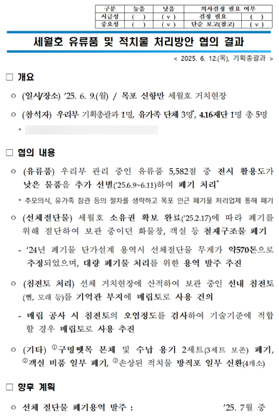 세월호 유류품 및 적치물 처리방안 협의 결과