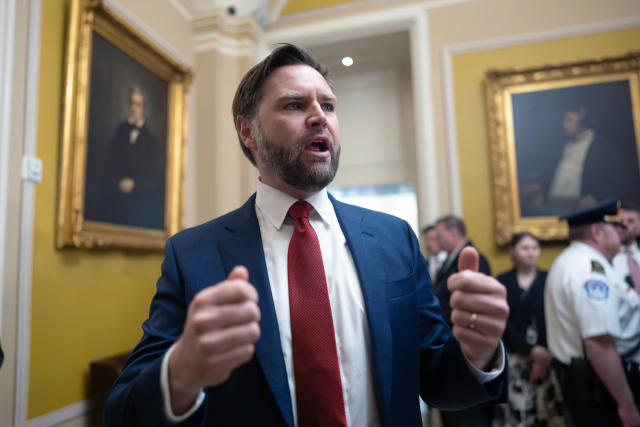 JD 밴스 미국 부통령이 28일(현지시간) 워싱턴 의사당에서 상원 공화당원들과 비공개 회의를 마치고 나온 뒤 기자들과 이야기를 나누고 있다. AP 연합뉴스
