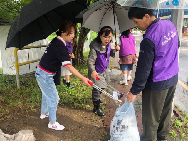 APEC 정상회의를 앞두고 경주시자원봉사단원들이 1주일에 1~3회 거리청소를 하고 있다.경주시자원봉사센터 제공