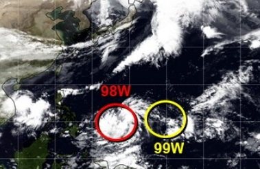 미국 합동태풍경보센터(JTWC, Joint Typhoon Warning Center) 감시 98W 열대요란(25호 태풍 갈매기 발달 전망), 99W 열대요란 위치. JTWC 홈페이지