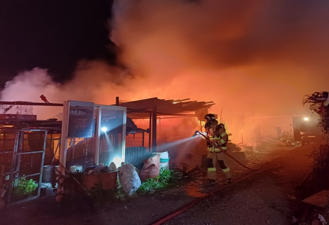 지난 2일 오후 포항시 북구 흥해읍 한 개 사육장에서 발생한 화재를 소방대원들이 진화하고 있다. 경북소방본부 제공.