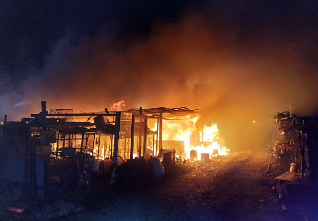 지난 2일 오후 포항시 북구 흥해읍 한 개 사육장에서 발생한 화재를 소방대원들이 진화하고 있다. 경북소방본부 제공.