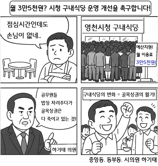 하기태 영천시의원이 주장하는 영천시청 구내식당 운영 개선 촉구 방안 만평. 하기태 영천시의원 제공