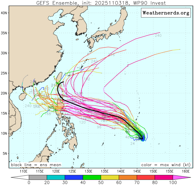 다중앙상블(GEFS) 모델 감시 90W 열대요란(26호 태풍 풍웡 발달 전망) 예상경로