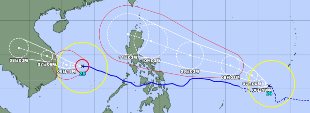 일본기상청 6일 오전 6시 발표 25호 태풍 갈매기(왼쪽), 26호 태풍 풍웡(오른쪽) 예상경로