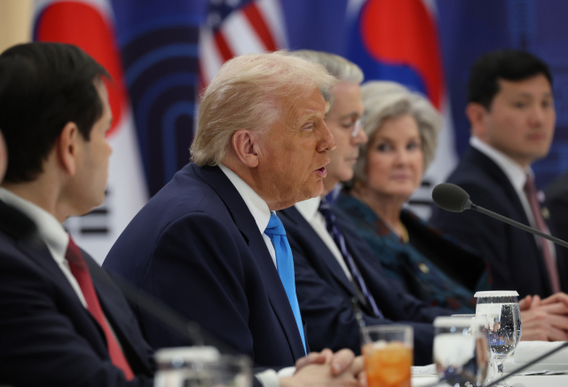 도널드 트럼프 미국 대통령이 29일 경북 경주박물관에서 열린 이재명 대통령과의 한미 정상회담에서 발언하고 있다. 연합뉴스
