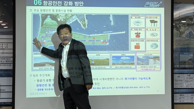 6일 경북 울릉공항 건설 현장 사무실에서 활주로 연장 당위성을 설명하는 남한권 울릉군수. 2025.11.6. 홍준표 기자