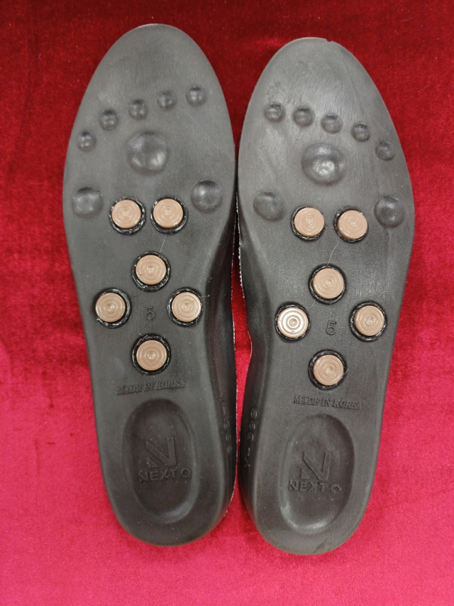 신화컬렉션의 파크골프화에 들어가는 영양 칠보석과 진동 깔창. [사진=신화컬렉션]