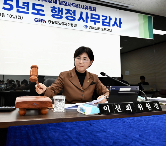 경상북도의회 기획경제위원회가 지난 10일 경북신용보증재단과 경상북도경제진흥원에 대한 행정사무감사를 실시했다. 사진은 이선희 위원장이 의사봉을 두드리며 회의를 진행하는 모습. 경북도의회 제공