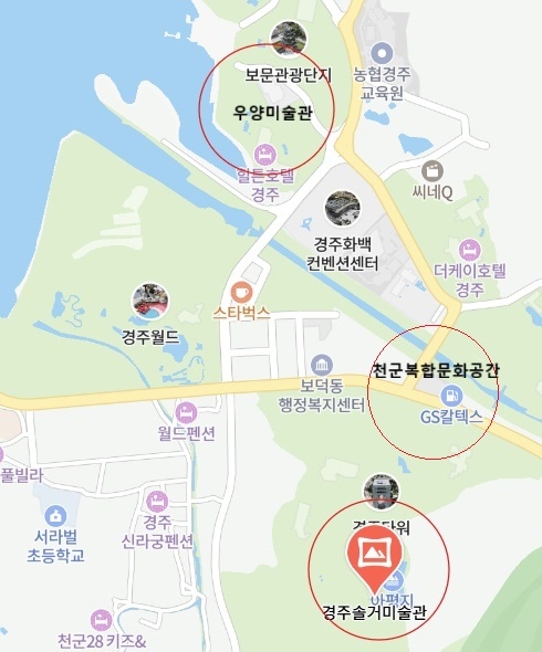 경주 보문단지 주변의 미술관 지도. 네이버지도 캡처