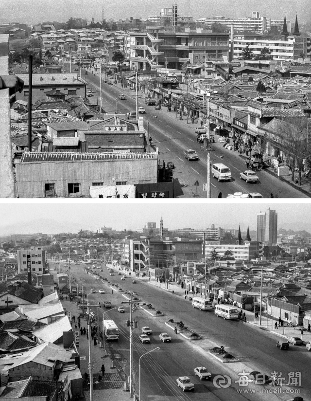 1975년 대구 대서로(현 달구벌대로) 반월당네거리~계산오거리 구간 확장 전 모습(위)과 1979년 12월 26일 폭 50m로 확·포장 공사가 끝난 후 모습(아래). 도로변 오른쪽 3층 건물은 고려예식장이다. 매일아카이빙센터