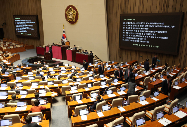13일 국회 본회의에서 국토교통위원회 소관 법안 처리를 앞두고 국민의힘 의원들이 김윤덕 국토교통부 장관의 회의 불참을 문제 삼으며 퇴장하고 있다. 연합뉴스