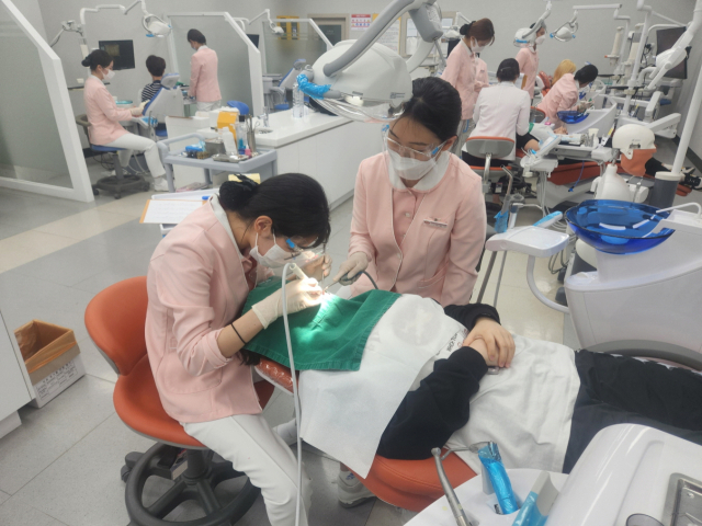 대구과학대학 치위생과는 초고령 사회에 대비해 시니어 구강관리 전문인력 양성을 선도하고 있다. 치위생과 학생들이 실습을 진행하고 있다. 대구과학대 제공