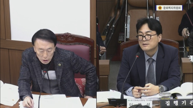 하병문(왼쪽) 시의원이 17일 열린 대구시의회 문화복지위원회 행정사무감사에서 이재성 대구문화예술진흥원 원장 직무대행(대구시 문화체육관광국장)에게 질의하고 있다. 대구시의회 방송 캡처