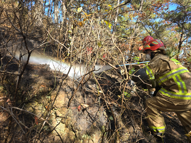 19일 오전 11시 6분쯤 의성군 구천면 한 야산에서 불이 나 임야 0.05ha를 태운 뒤 1시간만에 진화됐다. 소방대원이 산불을 진압하는 모습. 의성소방서 제공.
