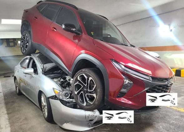 서울의 한 지하주차장에서 한 차량이 경사로를 따라 급가속으로 후진하며 아래에 있된 차량을 덮치는 사고가 발생했다. SNS