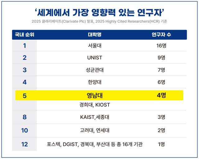 2025 세계에서 가장 영향력 있는 연구자 국내 순위표. 영남대 제공