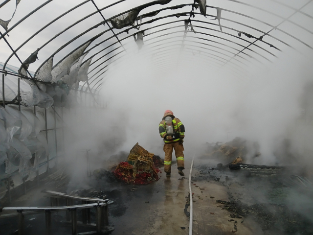 22일 오전 의성군 안평면 괴산리 농산물 보관용 비닐하우스에서 불이 나 온실과 농기계 등을 태운 뒤 50분 만에 꺼졌다. 의성소방서 제공.