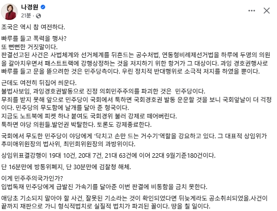 나경원 국민의힘 국회의원 페이스북