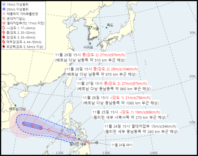 기상청 24일 오후 4시 30분 발표 55호 열대저압부(27호 태풍 고토 발달 전망) 예상경로