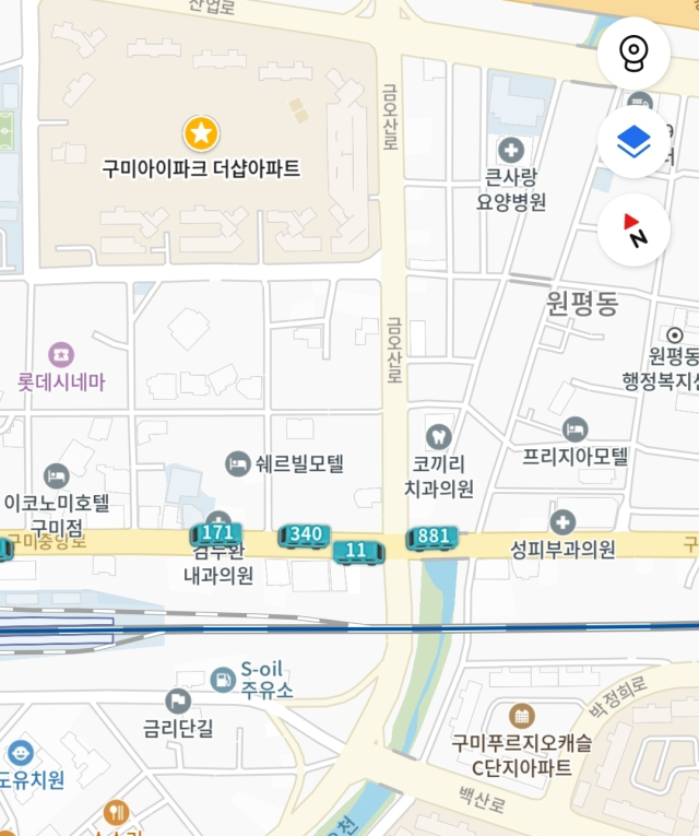 경북 구미시가 11월부터 초정밀 버스정보시스템(BIS)을 운영하면서 카카오맵을 통해 실시간으로 시내버스 위치 확인이 가능하다. 카카오맵 갈무리