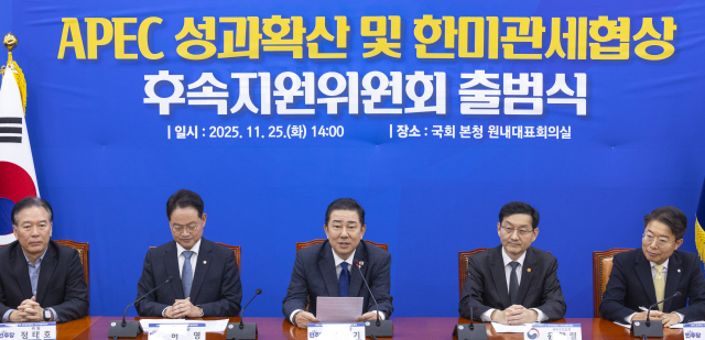 더불어민주당 김병기 원내대표가 25일 국회에서 열린 APEC 성과확산 및 한미관세협상 후속지원위원회 1차 회의에서 발언하고 있다. 연합뉴스