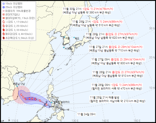 기상청 25일 오후 10시 30분 발표 27호 태풍 고토 예상경로