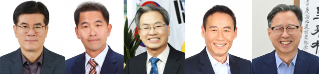 2026년 지방선거 영양군수 출마 예정자로 거론되고 있는 인물들의 모습. 사진 왼쪽부터 권영택(63·국민의힘) 전 영양군수, 김석현(55·국민의힘) 영양군의원, 오도창(65·국민의힘) 영양군수, 김상훈(56) 더불어민주당 경북도당 사회적경제위원장, 김병곤(58) 경북도 문화관광체육국장.(국민의힘·더불어민주당·무소속 순, 가나다 순)