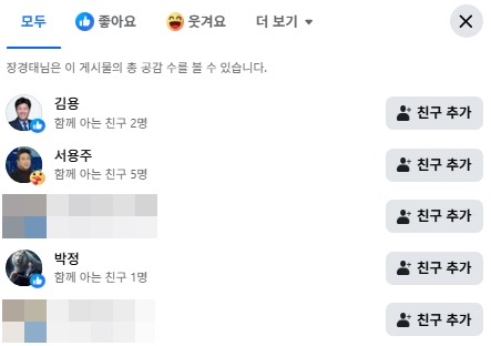 장경태 더불어민주당 국회의원 페이스북 공감 표시 목록