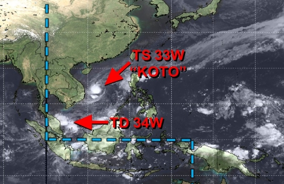 미국 합동태풍경보센터(JTWC, Joint Typhoon Warning Center) 감시 TD 34W(28호 태풍 세냐르 발달 전망)와 27호 태풍 고토 위치. JTWC 홈페이지