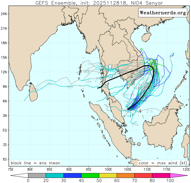 다중앙상블(GEFS) 모델 열대저압부b(28호 태풍 세냐르 발달 전망) 예상경로