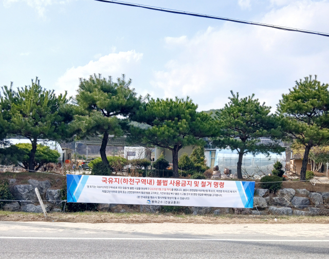 경북 봉화군이 특정 업체 대표가 수십년 동안 하천부지 수천평을 사실상 점령해 온 사실을 알고도 아무런 조치 없이 방치해 온 것으로 드러났다. 민원이 제기되자, 법적대응에 나선 군이 해당 부지 원상복구에 명령에 대한 관련 현수막을 걸었다. 독자제공