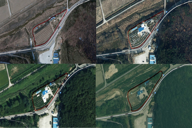 경북 봉화군이 특정 업체 대표가 수십년 동안 하천부지 수천평을 사실상 점령해 온 사실을 알고도 아무런 조치 없이 방치해 온 것으로 드러났다. 왼쪽부터 2008년, 2014년, 2017년, 2024년 해당부지의 카카오 스카이맵 위성사진. 카카오맵 캡처