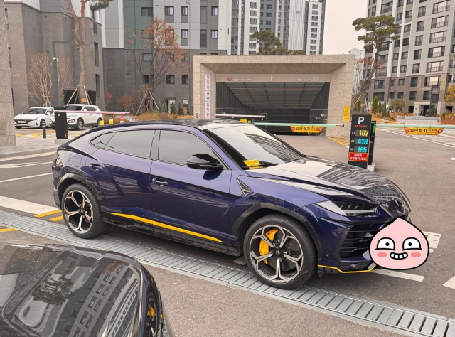 2일 아파트 주차장을 막아선 A씨의 람보르기니 차량. 인터넷 커뮤니티 캡처