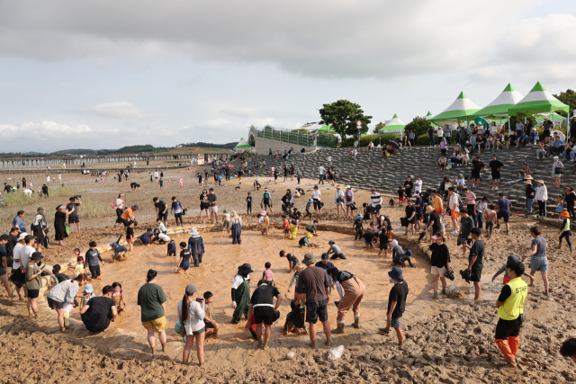 무안황토갯벌축제를 찾은 관광객들이 황토갯벌랜드에서 장어 잡기 체험을 하고 있다. 무안군 제공