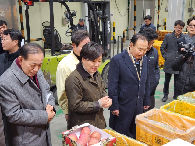 송미령 농림축산식품부장관이 3일 대경사과원예농협이 운영하는 문경 과수거점 APC를 방문해 사과의 저장·공급 상황을 점검하고 있다. 사진=대경사과원예농협 제공