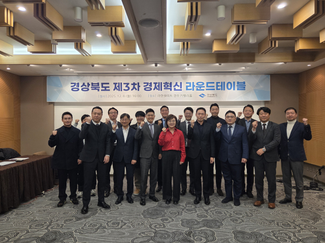 8일 라한셀렉트 경주에서 열린 제3차 경제혁신 라운드테이블에 참석한 관계자들이 기념촬영을 했다. 경북도 제공