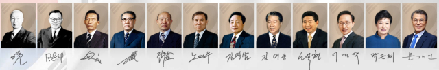 대한민국 역대 대통령. 왼쪽부터 이승만, 윤보선, 박정희, 최규하, 전두환, 노태우, 김영삼, 김대중, 노무현, 이명박, 박근혜, 문재인 전 대통령.(탄핵 후 현재 재판을 받고 있는 윤석열 전 대통령은 미등록 상태). 대통령기록관