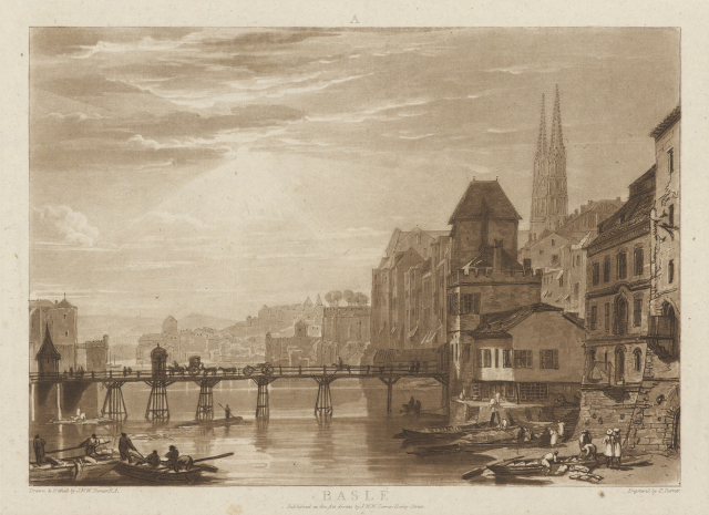 J.M.W. Turner, 바젤 Basle, 1807년 6월 11일 발행(추정), 에칭, 메조틴트, 갈색 잉크 인쇄, 185 x 260mm. 우양미술관 제공