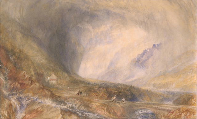 J.M.W. Turner, 스위스 성 고트하르트 고개의 폭풍 Storm in the Pass of St Gothard, Switzerland, 1845, 수채, 불투명 수채, 스크래치, 289x473mm. 우양미술관 제공